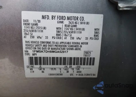 2021 Ford Explorer Xlt из США, поврежденный, VIN 1FMSK7DH8MGA52917